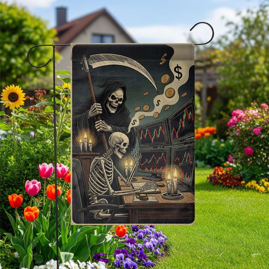 Discover Funny Stock Market Halloween Garden Flag: Skeleton Trader Decor