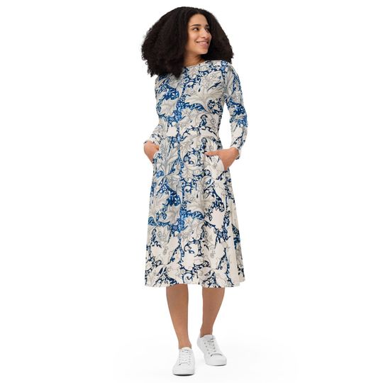 Discover William Morris Pattern Long Sleeve Midi Dress