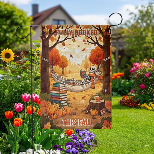 Discover Fully Booked This Fall Garden Flag  Funny Autumn Reading Skeleton Decor  Cozy Halloween Book Lover Yard Sign with Pumpkins & Hammock