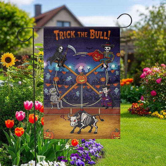 Funny Halloween Garden Flag: Skeleton Bull, Vampire, Grim Reaper - 12x18/28x40