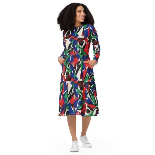 Discover All-over print long sleeve midi dress