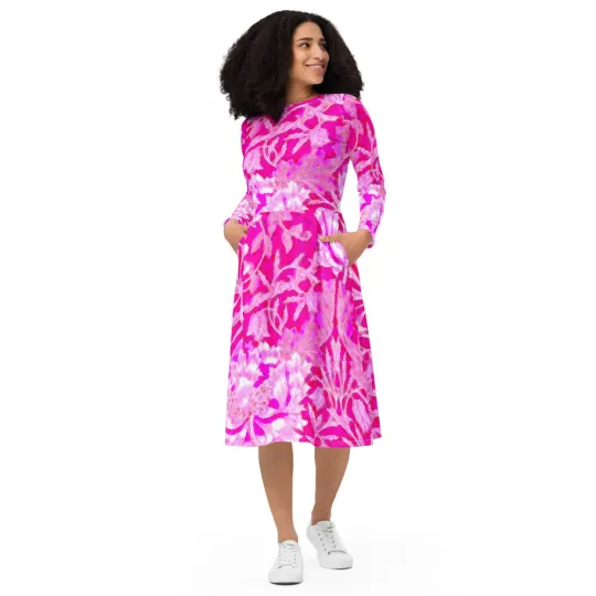 Discover Pink Honrysuckle Midi Dress with All-Over Print Long Sleeves