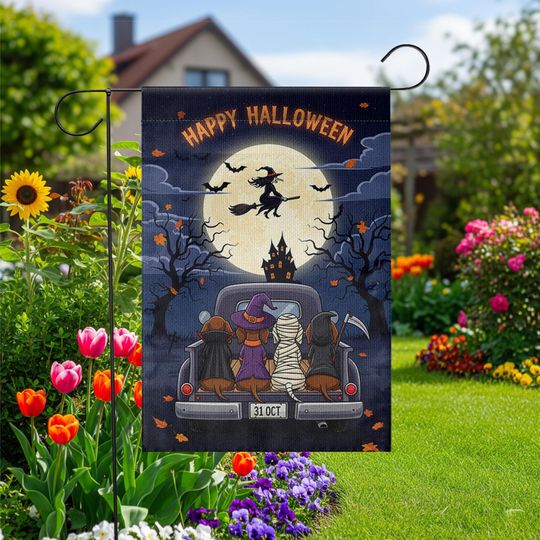 Discover Halloween Garden Flag: Dachshund Dogs in Costume, Witch & Moon
