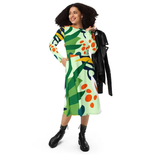 Discover All-Over Print Long Sleeve Midi Dress for Women