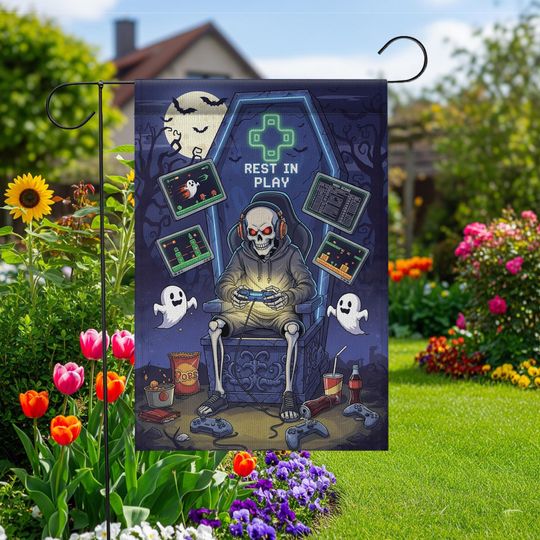Discover Rest in Play Skeleton Gamer Garden Flag  Halloween Game Decor, Spooky Yard Banner