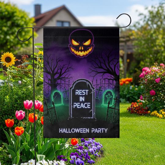Halloween RIP Garden Flag: Spooky Tombstone & Jack-o'-Lantern Decor