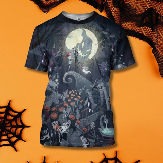 Spooky Moon Graveyard Halloween 3D T-Shirt with Skeleton Couple