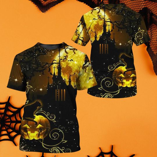 Discover Golden Moon Halloween T-Shirt for Adults with Black Cat, Pumpkin, Castle Silhouette, and Bat Graphics