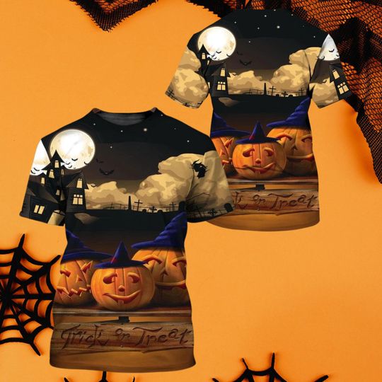 Halloween Trick or Treat Pumpkins 3D T-Shirt, Night Haunted House Bats Graphic Tee