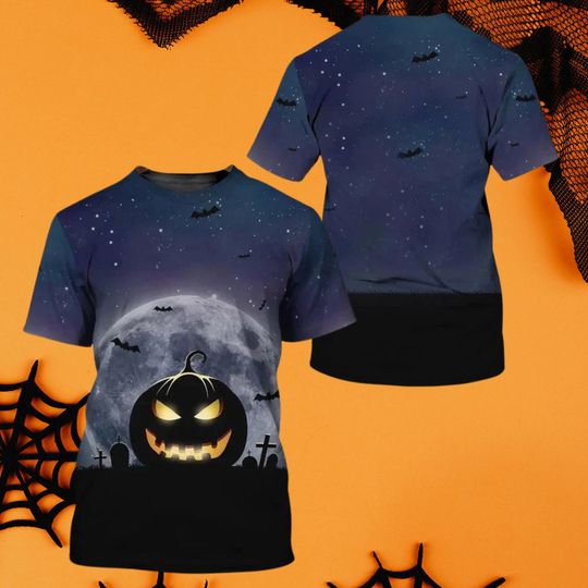 Glowing Jack O Lantern Moon Halloween T-Shirt for Adults, Graveyard Night Bats Graphic Tee