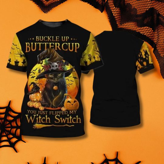 Discover Buckle Up Buttercup Witch Switch T Shirt, Black Cat Pumpkins and Orange Moon Halloween Graphic Tee, Witchy Saying Unisex Costume Party Top