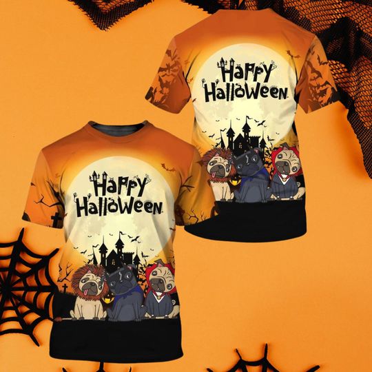 Discover Happy Halloween Dog T Shirt with Pug Costumes, Full Moon Castle Bats Print, Funny Pet Lover Graphic Tee Unisex Party Outfit Top