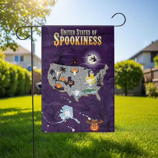 Discover Halloween Garden Flag: Haunted USA Map, Ghost, Bat, Witch Decor