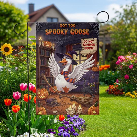 Discover Spooky Goose Halloween Garden Flag: Witch, Cat & Pumpkins