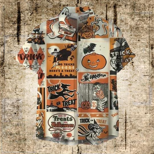 Discover Vintage Halloween Hawaiian Shirt for Men, Retro Trick or Treat Poster Witch Ghost Pumpkin