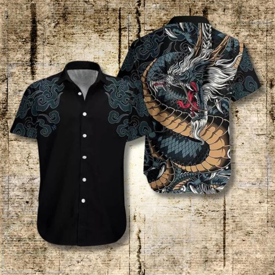 Japanese Dragon Hawaiian Shirt for Men, Black Tattoo Style Aloha