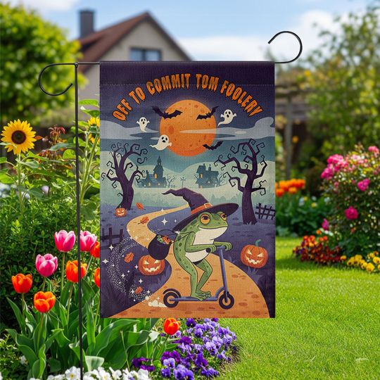 Discover Funny Halloween Garden Flag  Witch Frog on Scooter  Off to Commit Tom Foolery Decor