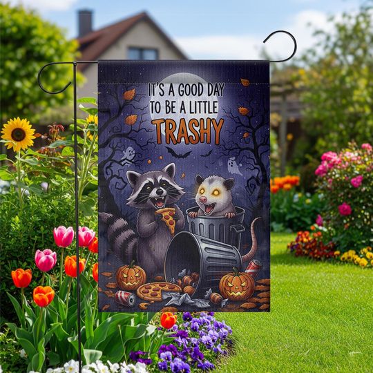 Funny Halloween Garden Flag: Raccoon & Opossum Trashy Quote