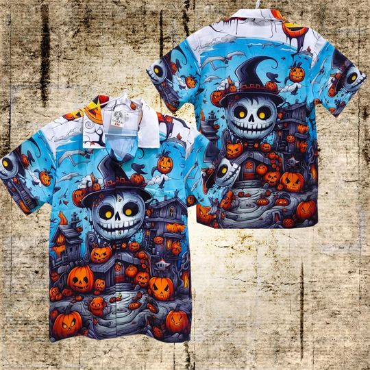 Discover Cartoon Pumpkin Skeleton Halloween Hawaiian Shirt for Men