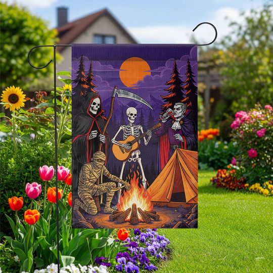 Halloween Campfire Garden Flag  Grim Reaper Skeleton Vampire Mummy Funny Spooky Decor