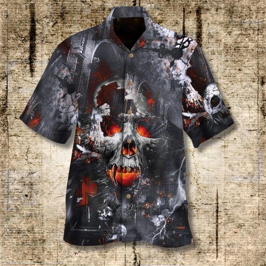 Discover Halloween Hawaiian Shirt for Men with Flaming Skull, Horror Aloha Button Down