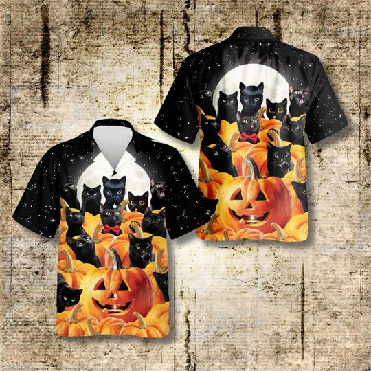 Discover Black Cat Pumpkin Halloween Hawaiian Shirt for Men