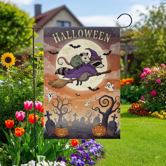 Halloween Garden Flag: Raccoon Witch & Opossum - Spooky Fall Decor