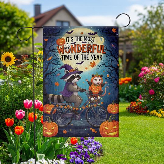 Halloween Garden Flag  Raccoon and Opossum on Bike  Fall Yard Decor with Pumpkins & Quote