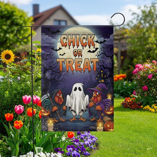 Discover Funny Chicken Halloween Garden Flag: Ghost Rooster Farmhouse Decor