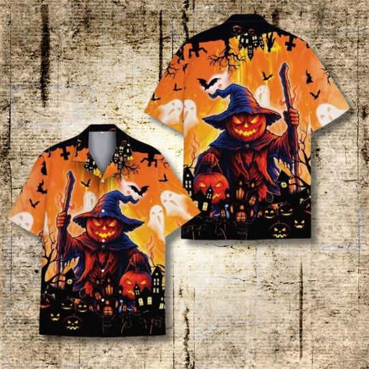 Discover Pumpkin Witch Halloween Hawaiian Shirt for Men, Orange Black Jack O Lantern Ghosts and Bats Spooky Aloha Button Down Party Top