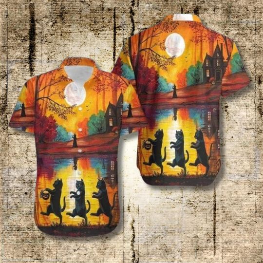 Discover Black Cat Halloween Hawaiian Shirt for Men with Witch and Haunted House Prints