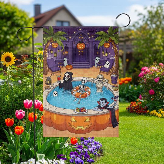 Discover Halloween Pool Party Garden Flag: Spooky Skeleton Vampire Decor