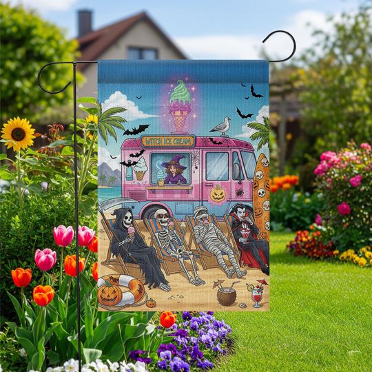 Discover Halloween Garden Flag: Spooky Ice Cream Truck, Skeleton Beach - 12x18 or 28x40