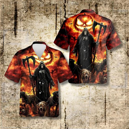 Discover Grim Reaper Halloween Hawaiian Shirt Men’s Spooky Jack O’ Lantern Moon Fire