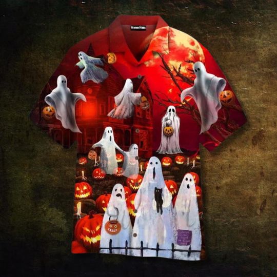 Ghost Parade Halloween Hawaiian Shirt for Men with Jack O Lanterns and Haunted House