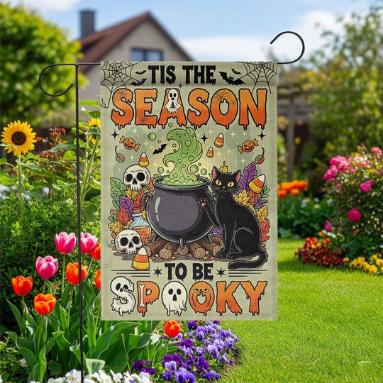 Discover Halloween Garden Flag: Cauldron, Black Cat - Spooky Fall Decor