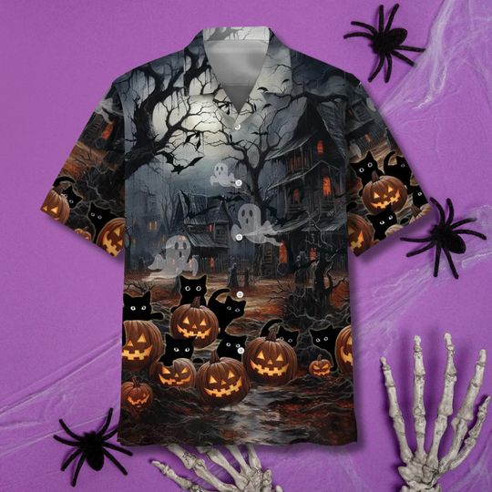 Haunted House Halloween Hawaiian Shirt for Men with Ghosts