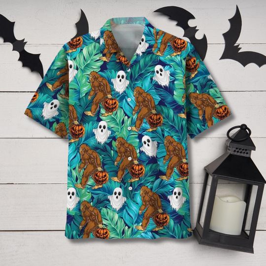 Discover Bigfoot Ghosts Hawaiian Shirt for Men with Tropical Leaves and Jack O Lantern Halloween
