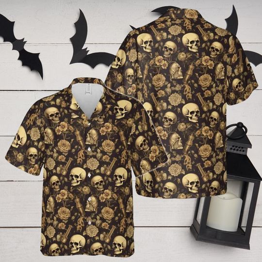 Skull and Rose Hawaiian Shirt for Men, Vintage Tattoo Rockabilly Aloha Camp Shirt