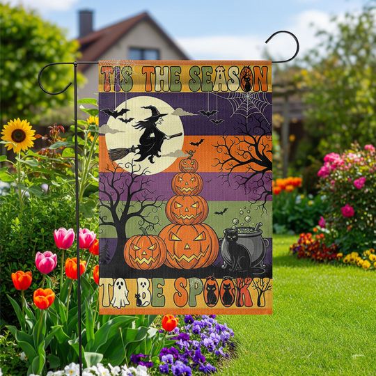 Halloween Garden Flag: Witch, Pumpkin & Black Cat - Outdoor Decor
