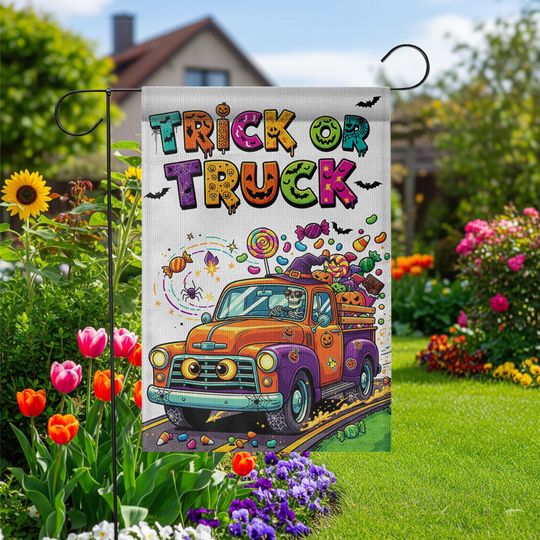 Discover Halloween Truck Garden Flag: Skeleton Driver, Candy - Fall Yard Decor