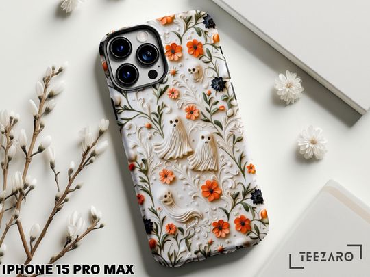 Discover Cute Ghost Floral Tough Case, iPhone 16 15 14 Pro Max Cover, Halloween S25 S24 S23 Ultra Plus, Pixel 9 Pro XL Aesthetic Glossy Matte Casing
