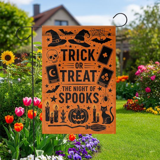 Discover Halloween Garden Flag: Trick or Treat, Witch & Black Cat