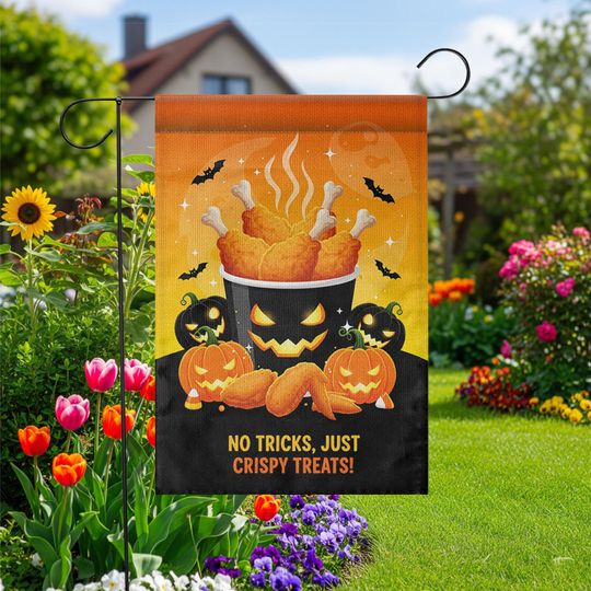 Discover Funny Halloween Chicken Garden Flag: Crispy Treats Pumpkin Yard Decor
