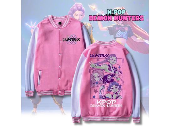 Demon Hunters Jacket, K-pop Jacket For Men Women, Harajuku Streetwear Sweater, Anime Purple Baseball Hoodie, Demon Hunters Gifts
