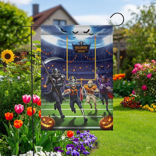 Halloween Football Garden Flag: Spooky Skeleton, Vampire, Mummy Players