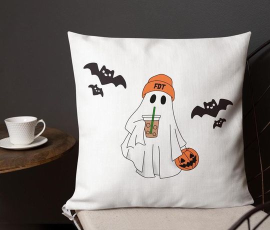 Discover FDT Ghost Throw Pillow - Halloween Decor, BooCrew Ghost & Coffee