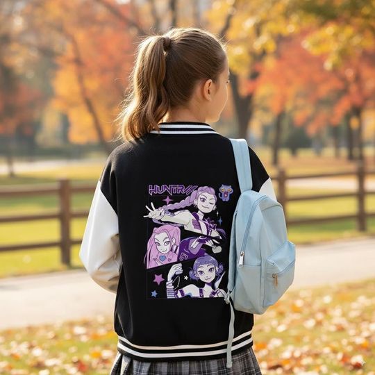 Huntrix Kpop Demon Hunters Kids Varsity JacketBaseball Letterman Bomber Coat with Pockets,School Uniform Style