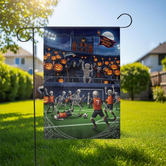 Discover Halloween Soccer Garden Flag: Funny Skeleton Football Decor