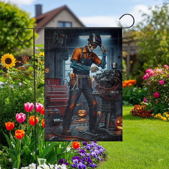 Discover Halloween Mechanic Garden Flag: Spooky Skeleton Robot, Auto Repair Decor